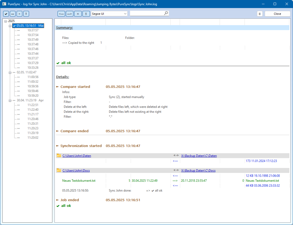 Log - Screenshots - PureSync